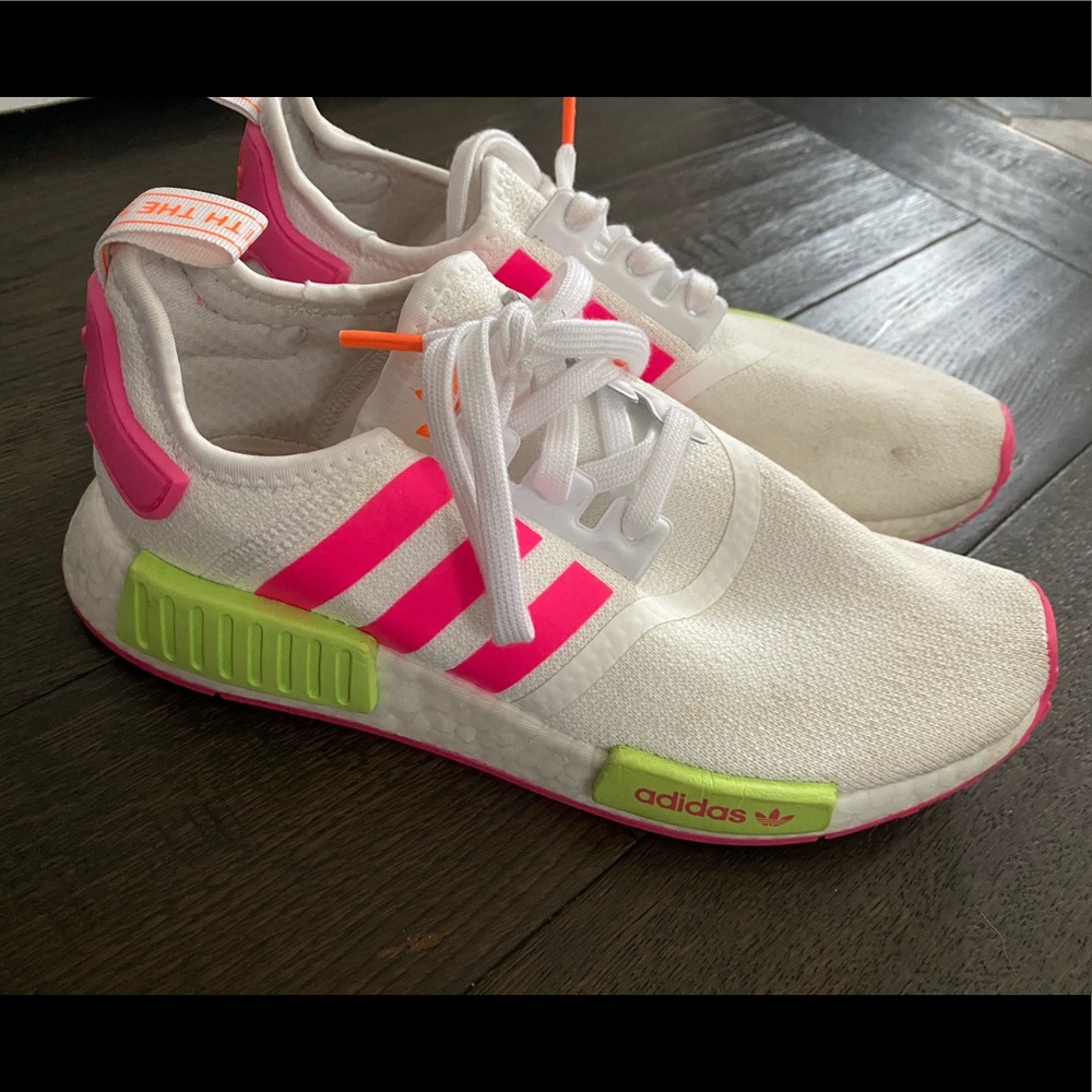 adidas White Athletic Sneakers with Hot Pink Stripes & Neon Green Accents